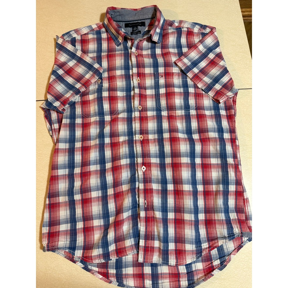 Tommy Hilfiger Mens Plaid Short Sleeve Button Down Shirt Red Blue White Medium
